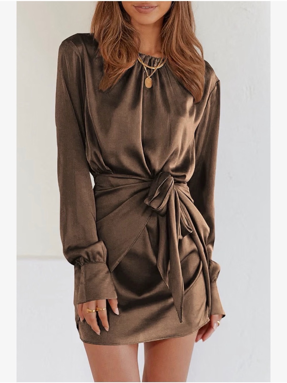 Satin Like Tie-Waist Brown Long Sleeve Mini Dress